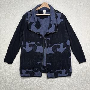 Chicos Blue Black Wool Blend Jacquard Open Front Topper Jacket Cardigan Size 2 L